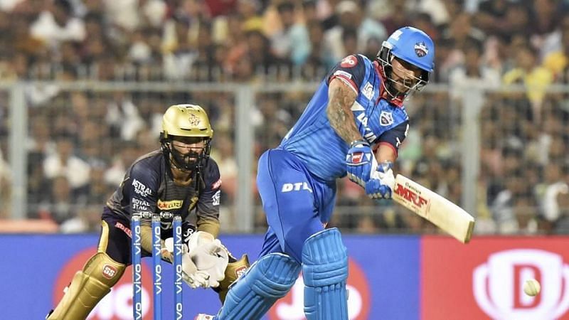 Shikhar Dhawan batting against KKR in the IPL (Picture credits: kcricketscore.com)